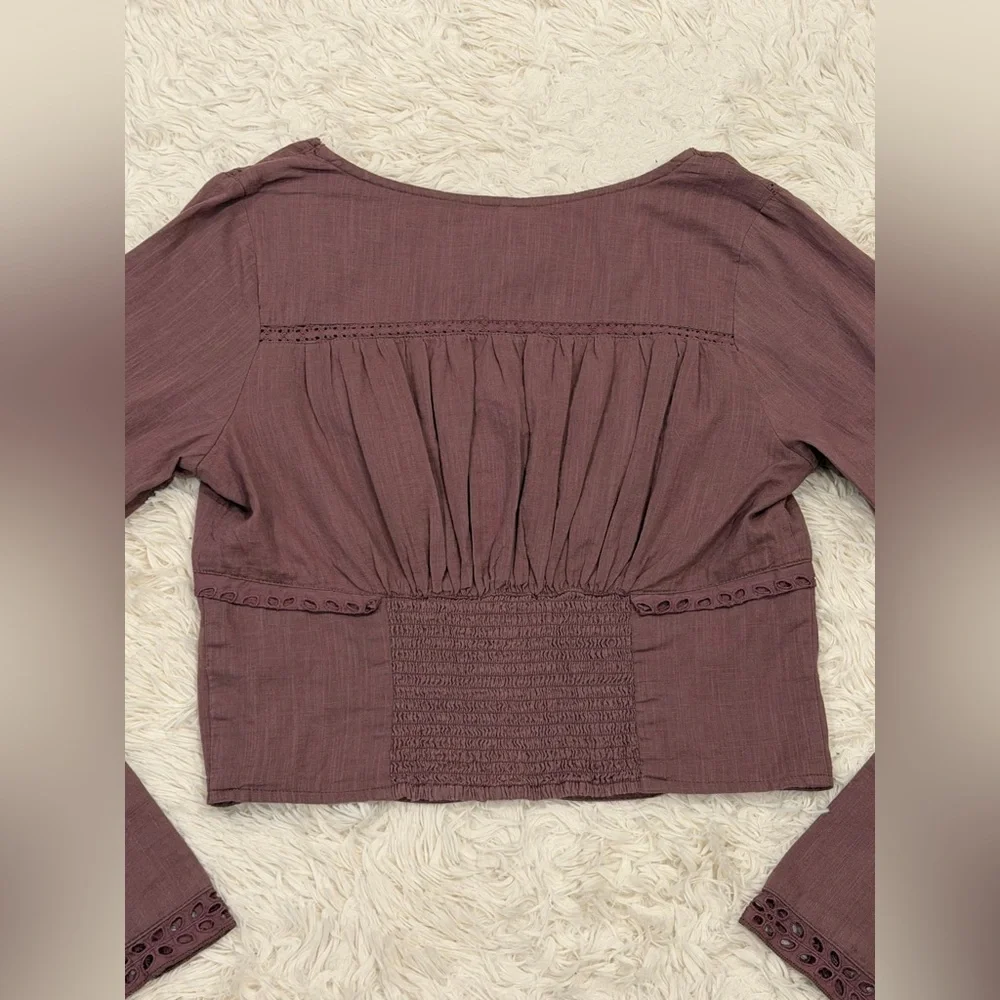 NEW Free People Joi Cropped Top Medium Eyelet Long Sleeve Peasant Boho Purple